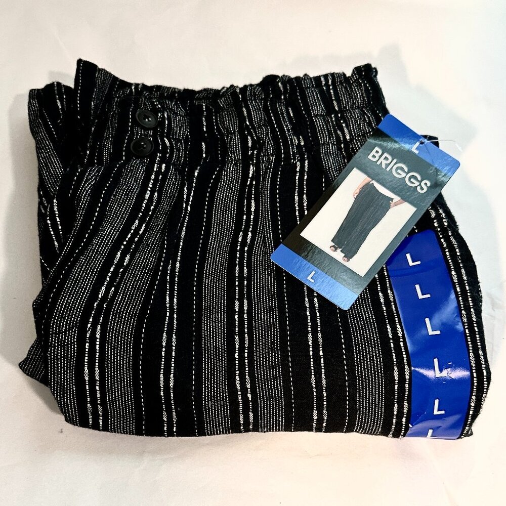 Briggs Women's Linen Blend Pants Size L Black Stripe Cottagecore Coastal (NEW)